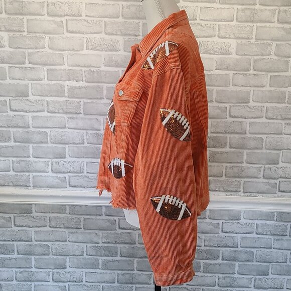 Orange Cropped Corduroy Jacket Football Sequin Raw Hem School Collegiate NEW Lg - Picture 3 of 10